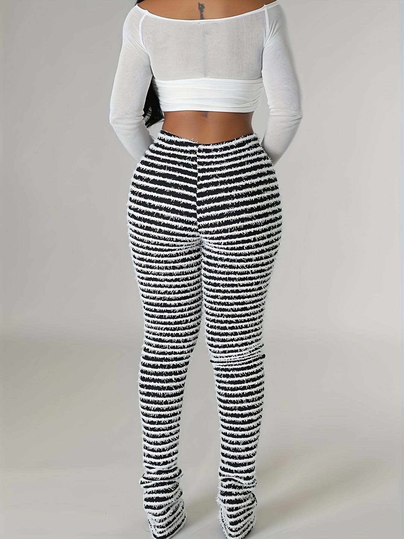 Women's High-Waist Striped Skinny Pants - Black & White Stripes, Butt-Lifting, Casual Fit, Machine Washable, All-Season Comfort, Medium Stretch Fabric, Comfortable Fashion | Figureenhancing Style | Smooth Texture, High Waiste